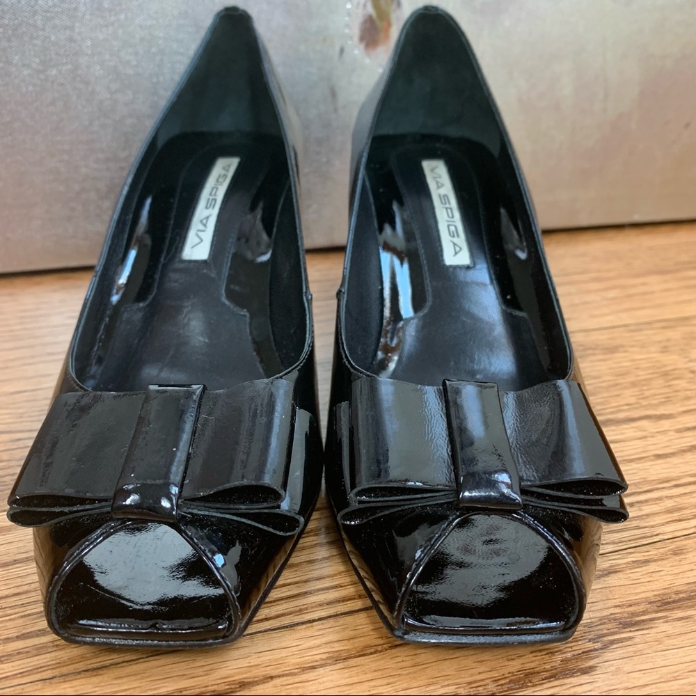 Via Spiga Black Bow Peep Toe Kitten Heels Size 5.5